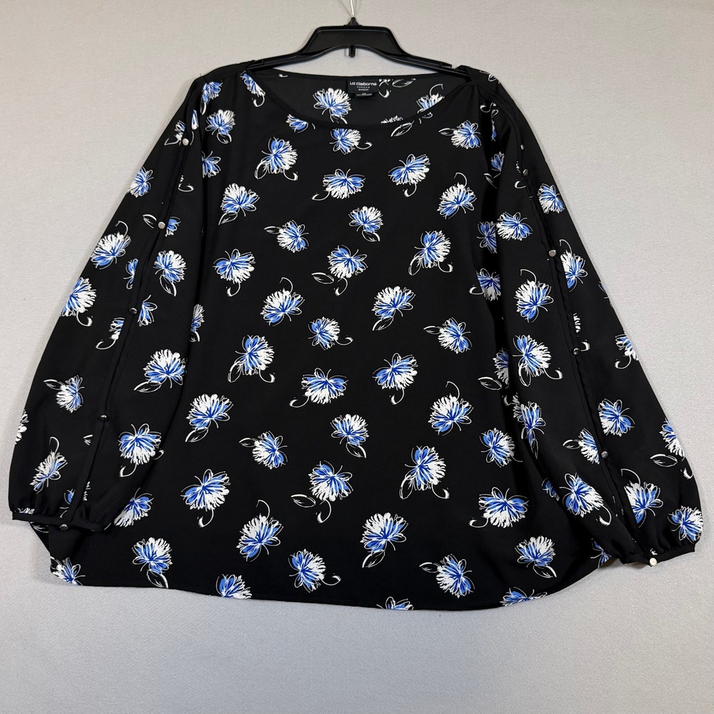 Liz Claiborne Career Woman Floral Blouse Black Blue Split Sleeve Top 2X